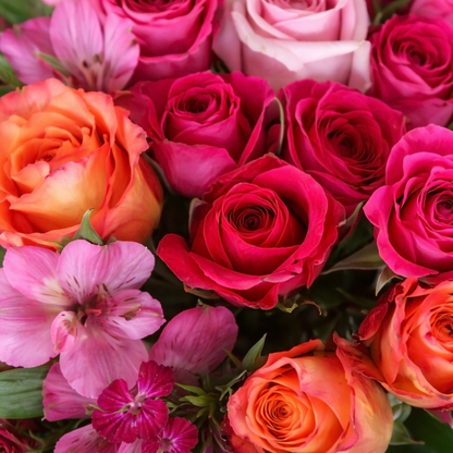 Detail shot of a bouquet of various pink flowers: Billy balls, alstroemerias, carnations, and roses.