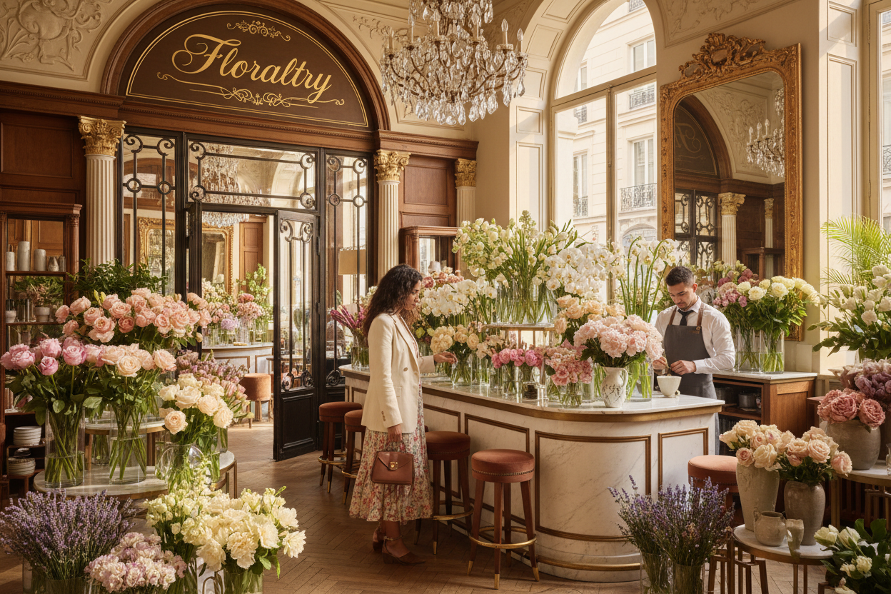 Floral shop interior with flowers and customers in a stylish setting