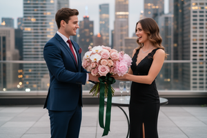 a handsome well dressed young trendy man who works on wall street brining luxurious flowers to a stunning woman in a sexy dress on their first date