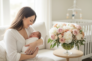 a new mom holding the baby with a bouquet of flowers in a vase celebrating the occasion