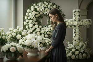 keep woman, remove one of the oval flower vases, include a wreath and flower cross